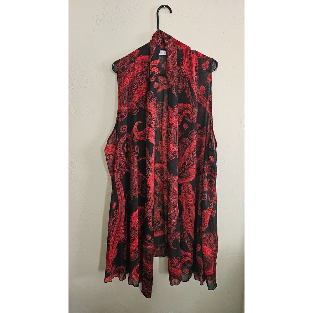 Susan Graver Red Black Paisley Sleeveless Open Front Duster Vest Cardigan